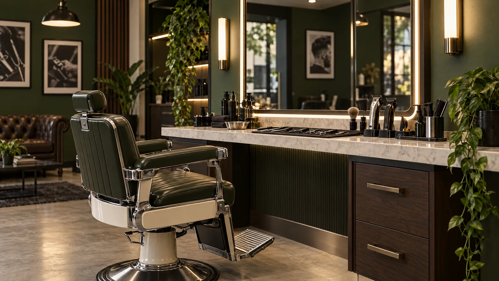 Imagem conceitual de uma barbearia contemporânea com tons verde-oliva e iluminação acolhedora